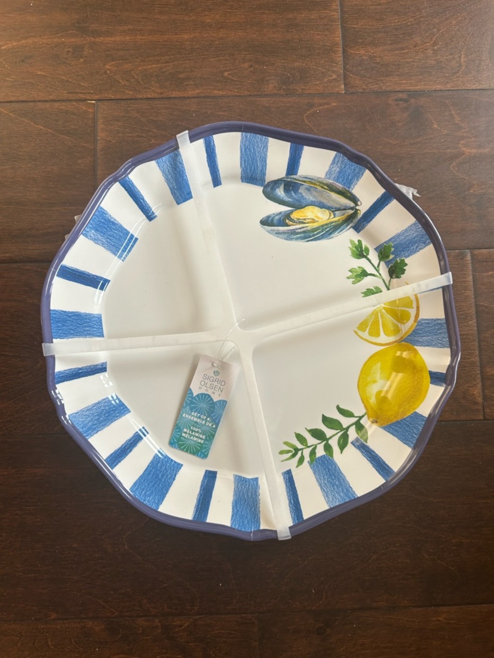 Sigrid Olsen Melamine Set Of 4 Dinner Plates Mediterranean Lemons Stripes Blue